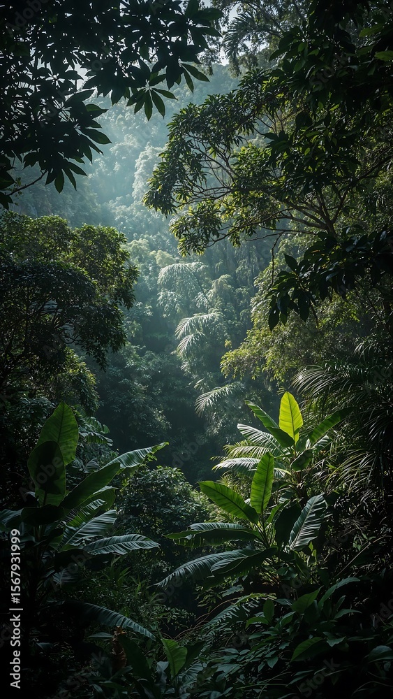 Fototapeta premium A view into a lush green forest with sunlight filtering through the canopy and dense vegetation below