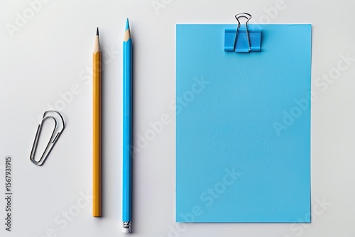 Pixel Perfect Image of Pencil Eraser and Paper Clip with Blue Card Paper on White Backdrop