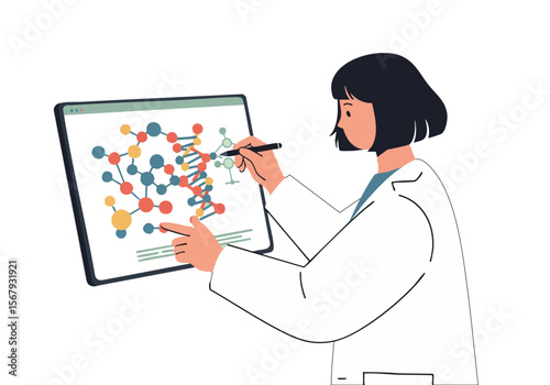 A female scientist adjusts a molecular model on a tablet, showcasing scientific research and digital design. Modern, professional, and visually engaging.