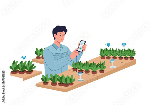 A young professional uses sensors to monitor plants in a controlled agricultural setting. Modern technology enhances crop management. Clean, bright, and informative.