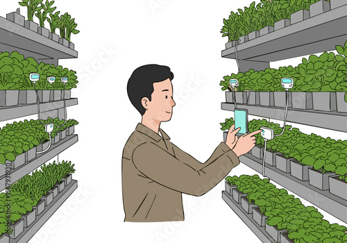 A professional man monitors an indoor herb farm using a tablet. Vertical hydroponic systems showcase lush greenery. Modern agricultural technology.