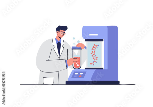 A scientist examines a DNA helix in a laboratory, showcasing modern biotechnology. Clean, bright, and professional.