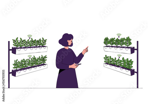 A professional woman analyzes data from an indoor hydroponic farm using a tablet. Modern, clean design showcasing IoT technology in agriculture. Bright, green, and tech-focused.