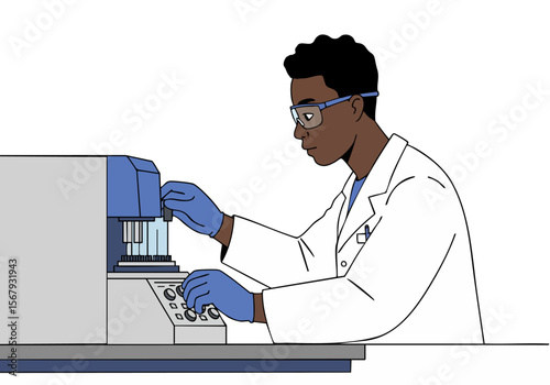 A scientist adjusts mRNA levels on a sophisticated machine. Focused and professional, he?s wearing a lab coat and gloves. Modern lab setting.