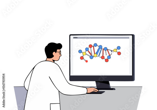 A scientist examines a DNA model on a computer screen. Modern, clean design with a focus on scientific research and technology. Professional setting.