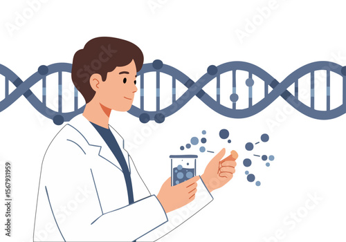 A young scientist examines DNA with a pipette in a lab setting. He wears a white coat and smiles, conveying a sense of discovery and scientific exploration. Modern, clean style.