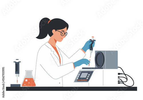 A female scientist meticulously uses pipettes in a modern laboratory setting. Focused and professional, she operates advanced equipment. Clean, bright, and detailed.