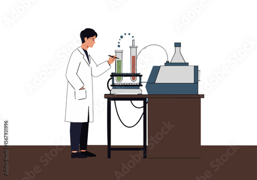 A scientist monitors lab equipment, conducting research. Clear composition, professional setting. Ideal for science, technology, and education visuals.