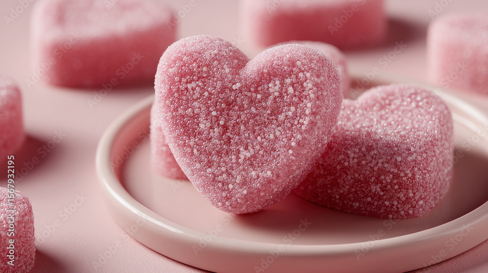 Obraz premium Pink heart shaped gummy candy with sugar crystals on plate, romantic sweet treat with soft texture