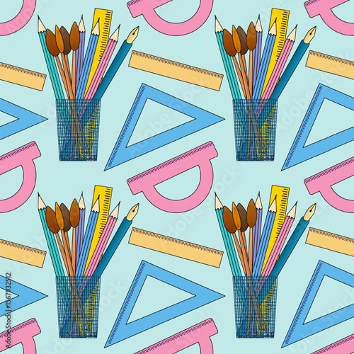 Seamless pattern with colorful school stationery with pencils, paintbrushes, rulers, and protractors in pencil holders. For back to school theme, school supplies design, textile print, wrapping paper.