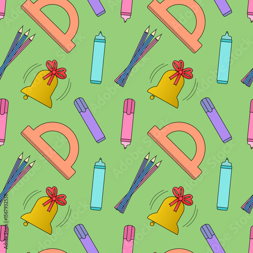 Seamless pattern with school bells, pencils, markers, and protractors on green background. For back to school theme, school or office supplies, stationery design, textile print, and wrapping paper.