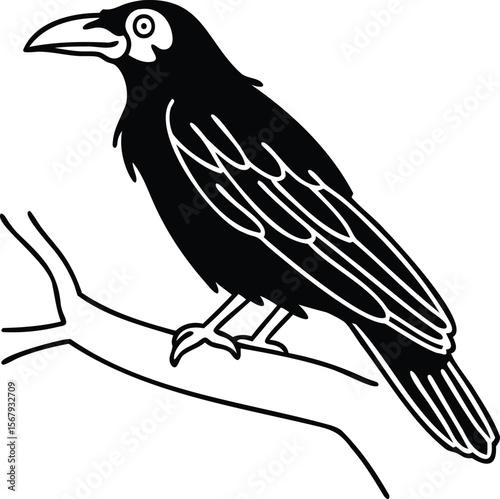 Raven on Branch Illustration