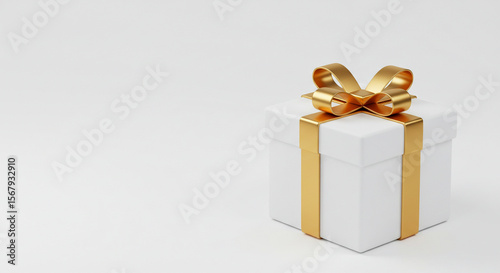 Elegant 3D rendered white gift box with luxurious golden ribbon and bow on a simple background