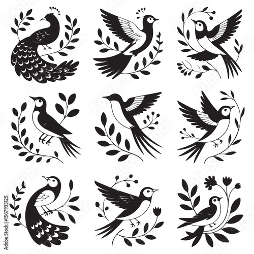 Collection of nine black and white silhouette illustrations of birds and foliage on a white background