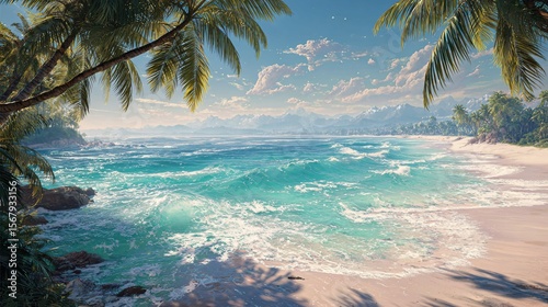 Idyllic tropical beach escape, turquoise waves meet sandy shores, framed by palms