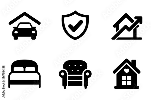 Real Estate and Home Essentials Icons Set. Carport, Security, Property Growth, Bedroom, Armchair, and Heartfelt Home