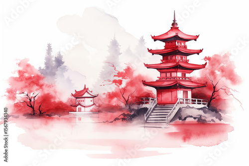 Red pagoda illustration simple design white background watercolor painting