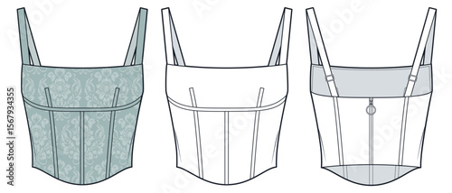 Women Corset Top Technical Fashion Sketch. Strap Top fashion flat technical drawing template, back zipper, adjustable straps, front and back view, white, soft teal, floral print, women Top CAD mockup.