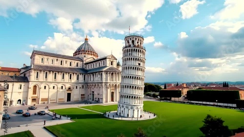 A cinematic wide angle shot of the Leaning Tower of Pisa, with its iconic tilt and the surrounding lush green lawns and historic buildings