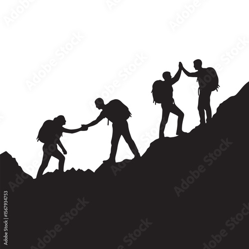 Hikers helping each other ascend a rocky mountain peak celebrating success hiking mountaineering