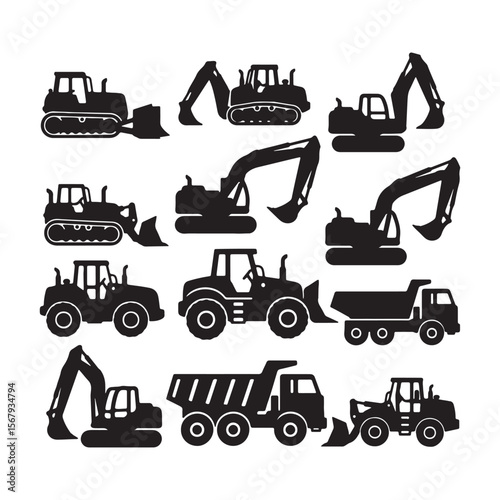 Heavy construction machinery collection including excavators bulldozers loaders and dump trucks construction equipment
