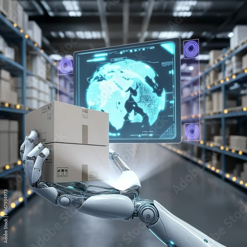 In a warehouse setting, a robotic hand securely holds a parcel while a holographic card opens, highlighting the efficiency and innovation of automated goods delivery.
