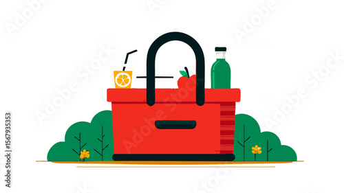 Picnic basket food drink apple juice summer outdoor nature park holiday vacation illustration design