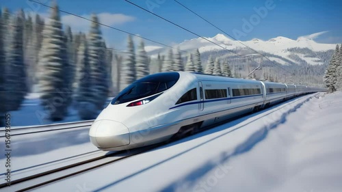 High-speed train travels through a snowy landscape in a picturesque mountain setting