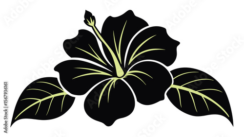 Vector art of black hibiscus flower with leaves isolated on white background