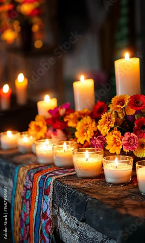 Traditional Da de la Candelaria altar with vibrant flowers and warm candlelight in a festive setting