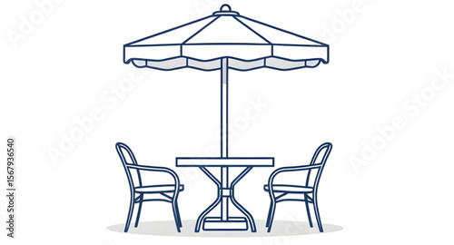 Restaurant table with umbrella, Outdoor dining scene, Patio restaurant setup, Café table and chairs, Bistro outdoor furniture, Dining under umbrella, Garden restaurant table, Table with sunshade, Rest