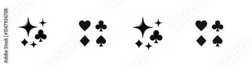 Playing card suits icon set, including a magic sparkle club symbol. Vector graphics for casino, poker, and gambling themes