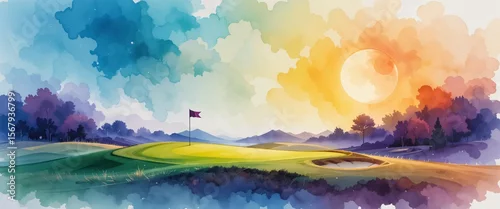 Panel kuchenny z motywem Watercolor Painting of a Vibrant Golf Course at Sunset with Colorful Sky and Fairway