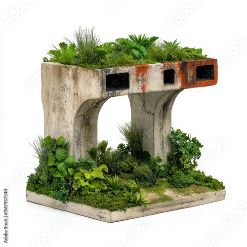 Miniature Concrete Structure with Lush Greenery