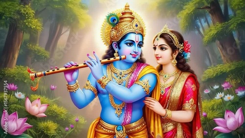 Hindu deities Lord Krishna playing flute amidst blooming lotuses in serene forest setting
