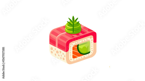Delicious tuna sushi roll with wasabi topping japanese cuisine food illustration on yellow background