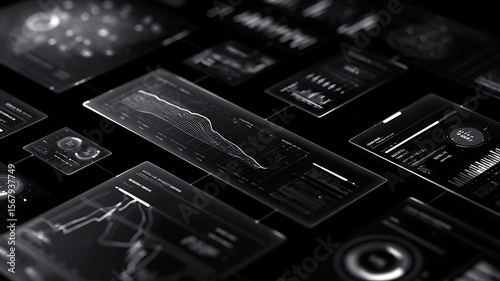 Minimal black futuristic dashboard UI with white line charts, data visualizations and infographics