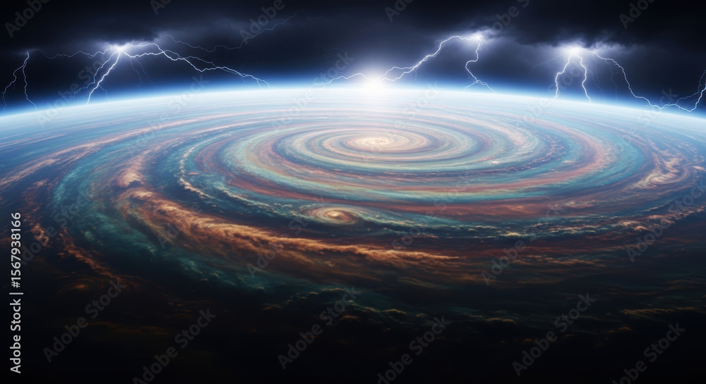 Fototapeta premium A swirling storm system with lightning strikes above the earth's atmosphere and dark sky view