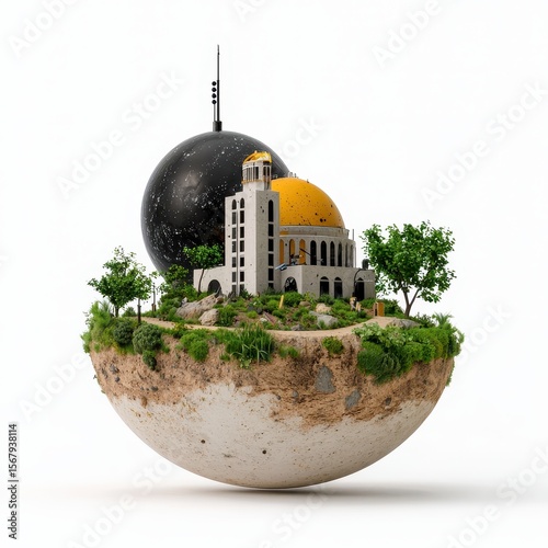 Miniature Island with Golden Dome Building and Celestial Sphere in 3D Render