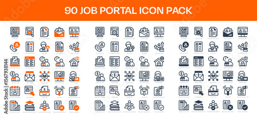 90 Job Portal Icons in 3 Styles (Line, Solid, Two-Tone), Featuring Freelance Job, HR Manager, Candidate Profile, and More – Vector Illustrations