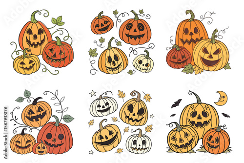 Whimsical Halloween Pumpkin Vector Set with Spooky and Silly Faces