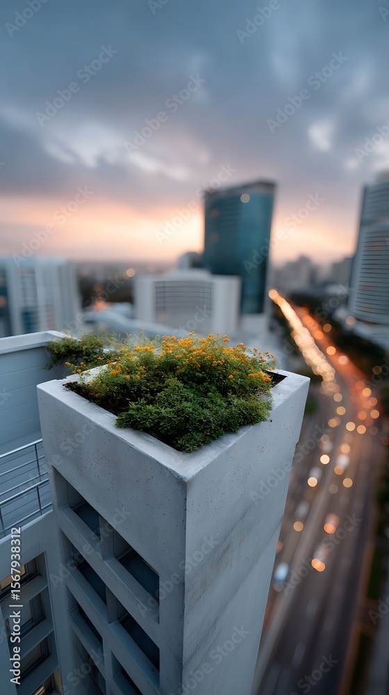 Fototapeta premium Modern Cityscape with Planter on Building at Sunset