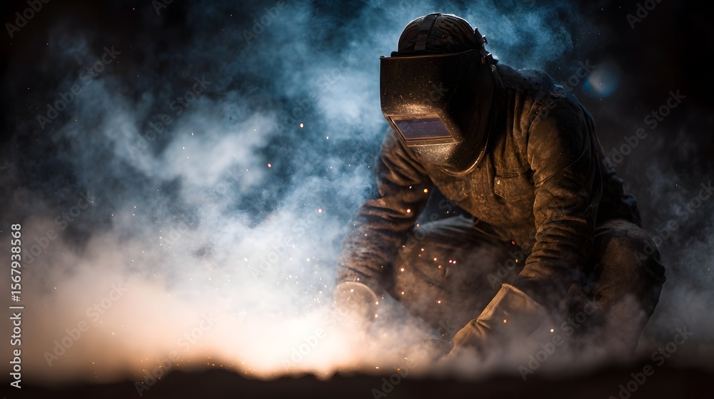 Fototapeta premium A welder in protective gear kneeling amid sparks and low warm lighting
