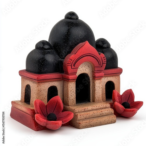Miniature Red and Black Temple Model with Floral Accents
