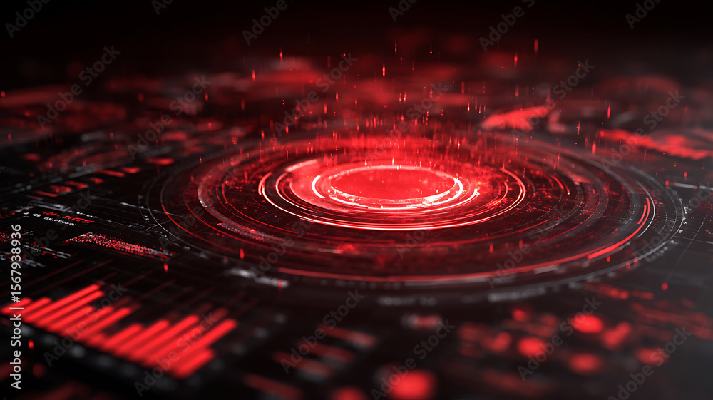 Fototapeta premium Futuristic red digital dashboard UI with global map, data analytics and infographics on dark screen