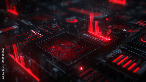 Futuristic red digital dashboard UI with global map, data analytics and infographics on dark screen