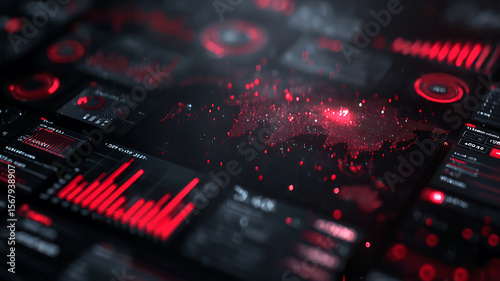 Futuristic red digital dashboard UI with global map, data analytics and infographics on dark screen
