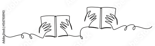 continuous line art of someone reading a book. vector illustration of a hand holding a book. learning concept