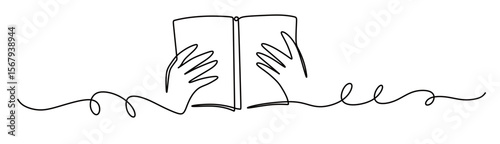 continuous line art of someone reading a book. vector illustration of a hand holding a book. learning concept