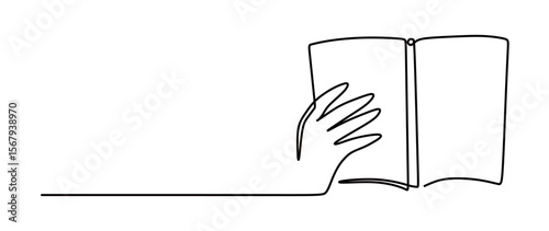 continuous line art of someone reading a book. vector illustration of a hand holding a book. learning concept